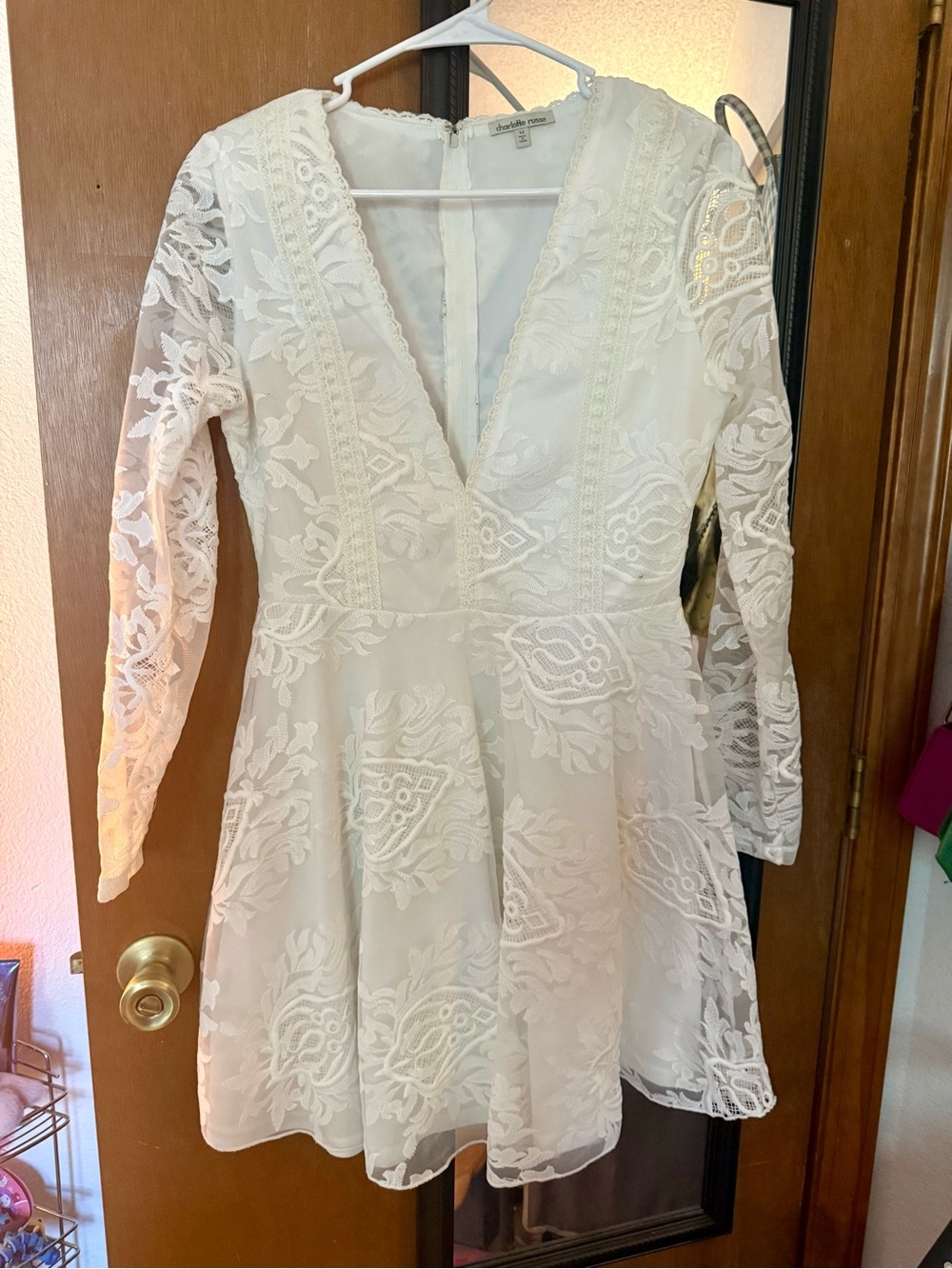 Charlotte Russe White Lace V-Neck Long Sleeve Skater Dress